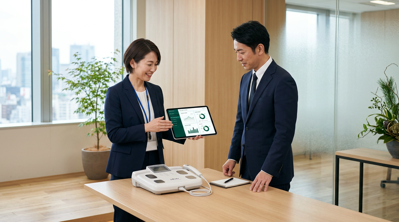 健康チェック機器と法人向けヘルスケアデータ活用のイメージ